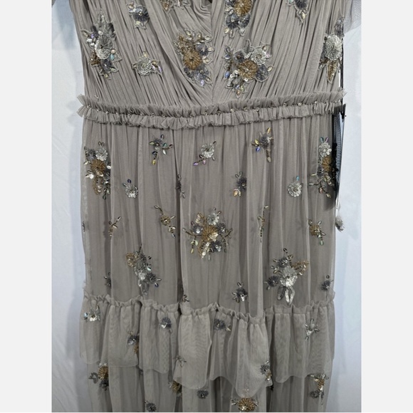NWT $598 Mac Duggal [ 6 ] Ruffle Tiered Embellished Flutter Sleeve Gown‎ Grey - Picture 9 of 15